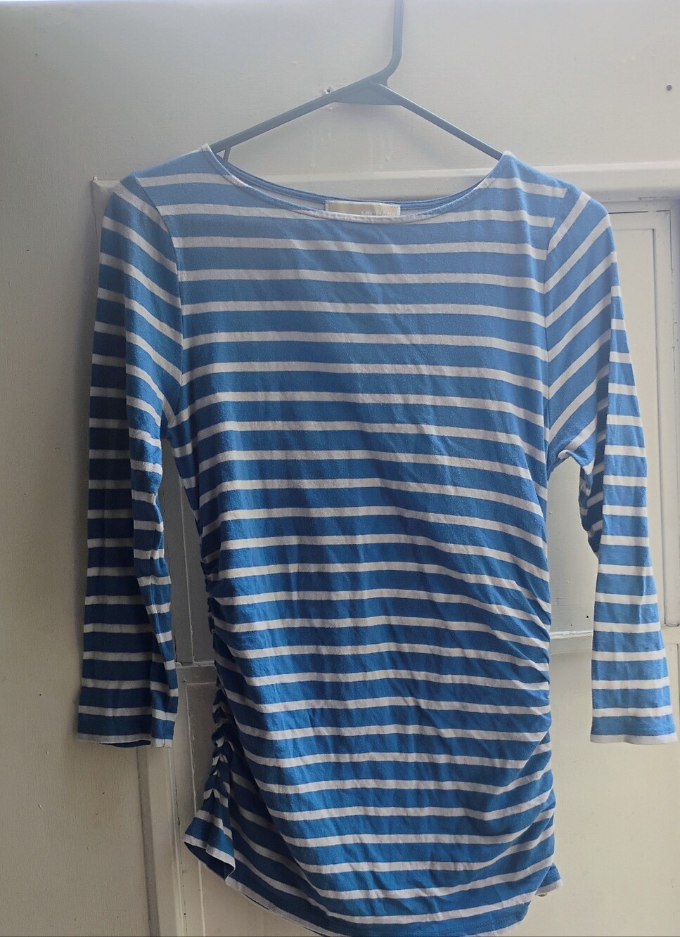 Michael Kors Blue White Striped Ruched Sides Long Sleeve Tunic Top Medium Petite